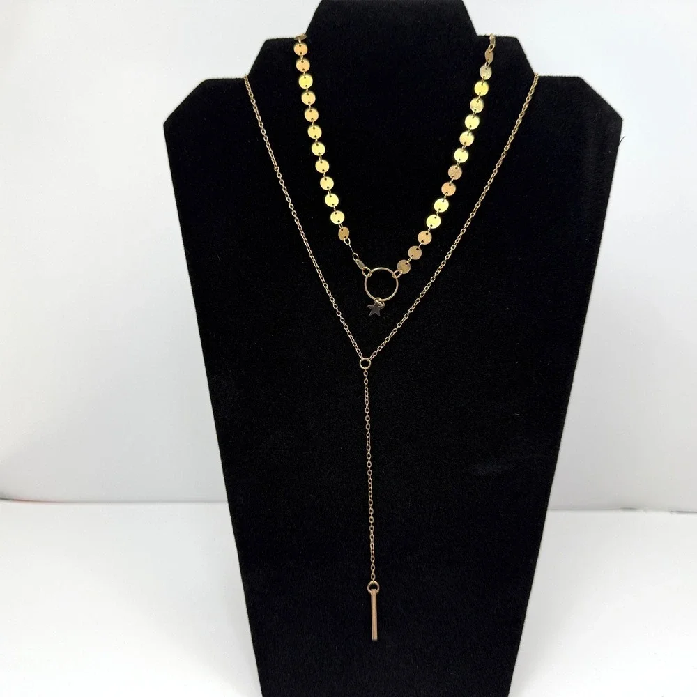 Layered Pendant Charm Necklace Y2K Gold Tone Dainty Fashion Jewelry 13 in L